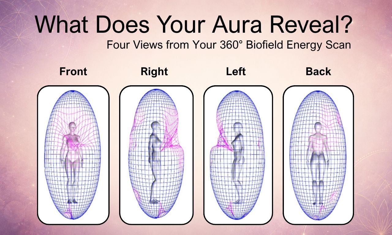 Four views from a real 360-degree biofield scan: front, right, left and back